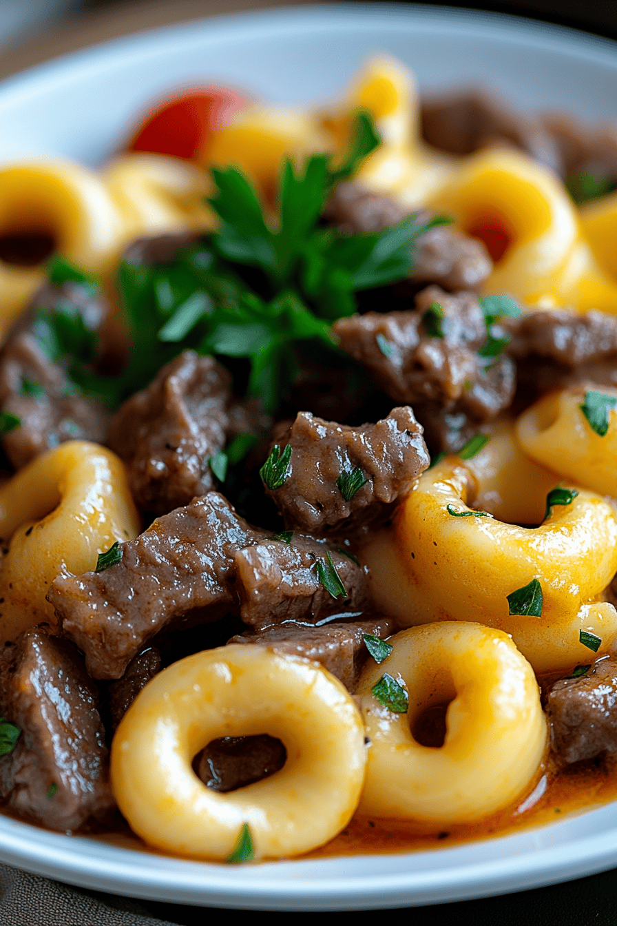 Cheesesteak Tortellini Final Dish Presentation