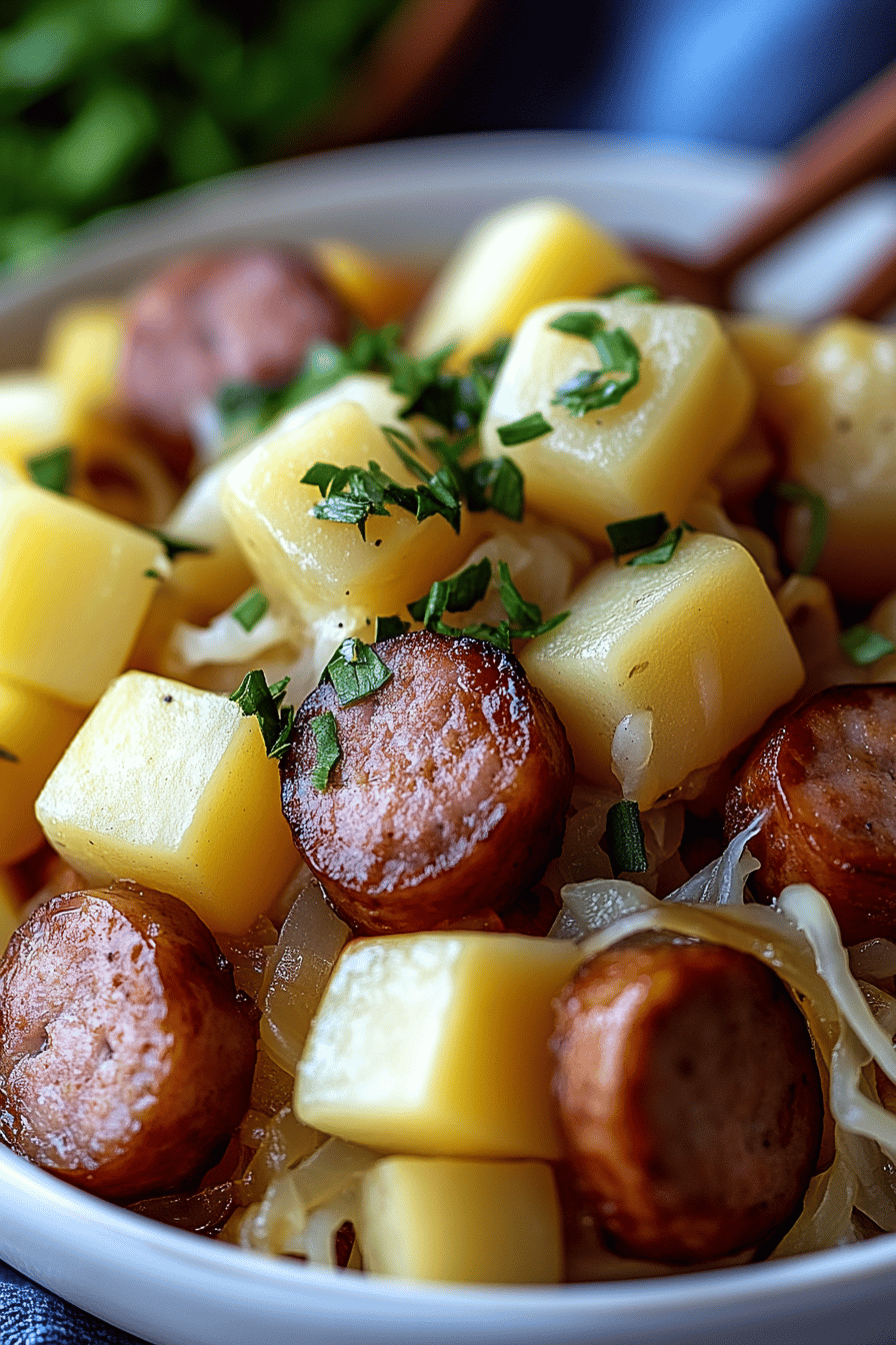 Crock-Pot Sausage Sauerkraut Potatoes Final Dish Presentation