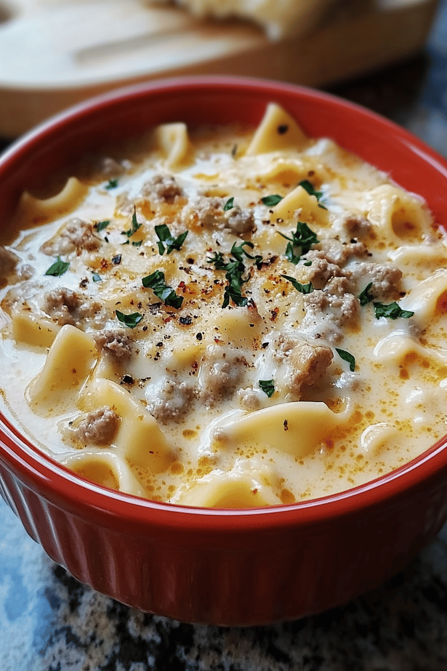 Alfredo Lasagna Soup final dish beautifully presented and ready to serve
