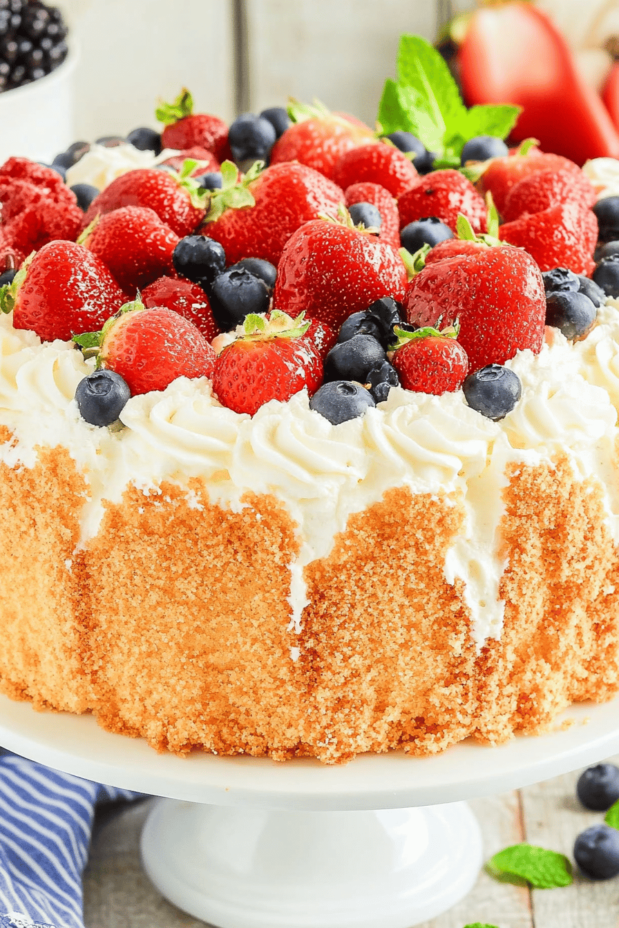 Angel Food Cake Recipe slice on plate showing perfect texture and swirl pattern