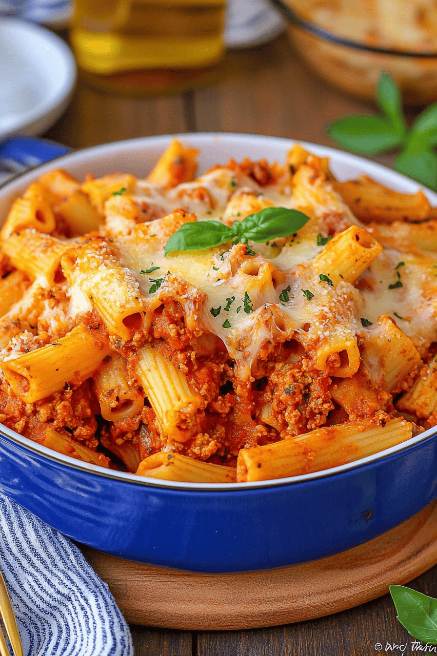 Baked Ziti Recipe ingredients organized and measured on kitchen counter