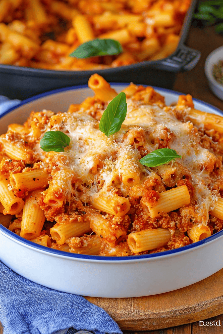 Baked Ziti Recipe slice on plate showing perfect texture and swirl pattern