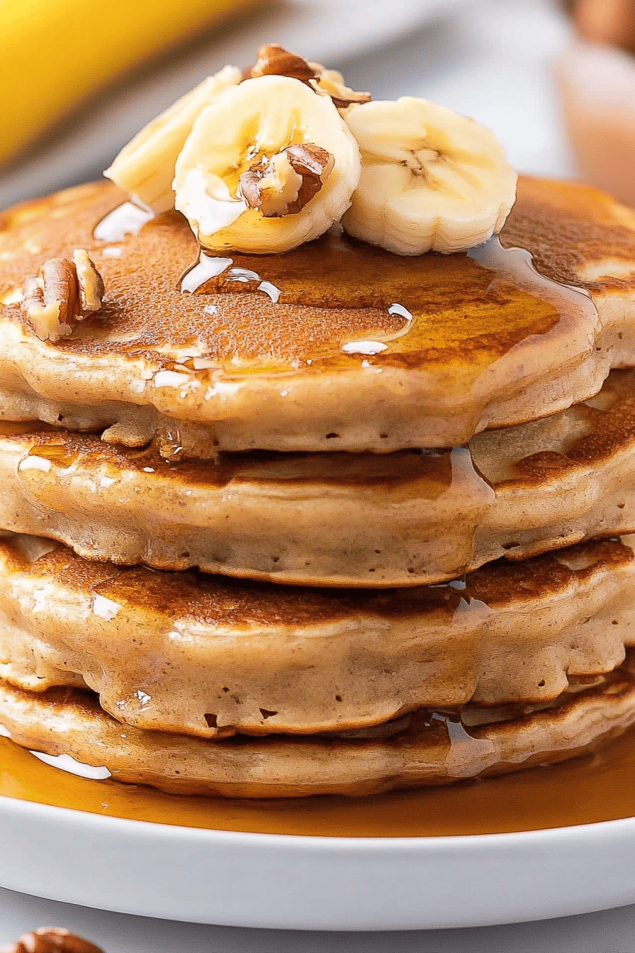 Banana Pecan Pancakes ingredients organized and measured on kitchen counter