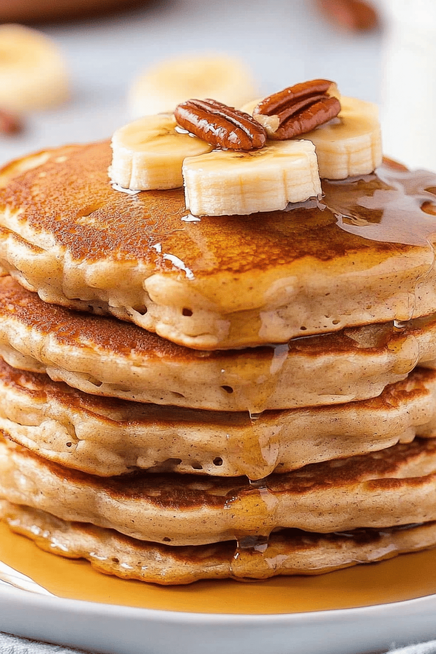 Banana Pecan Pancakes slice on plate showing perfect texture and swirl pattern