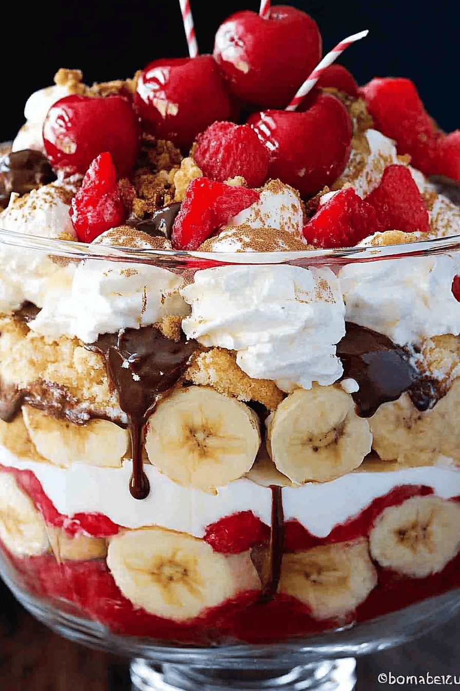 Best Banana Split Trifle final dish beautifully presented and ready to serve