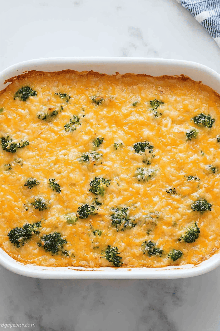 Broccoli Rice Casserole final dish beautifully presented and ready to serve