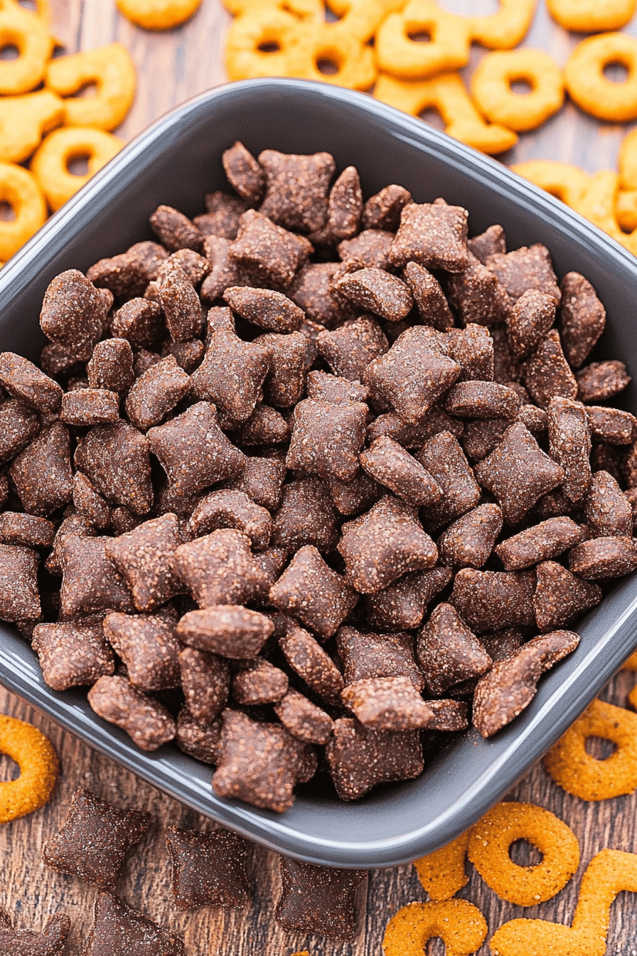 Brownie Batter Puppy Chow slice on plate showing perfect texture and swirl pattern