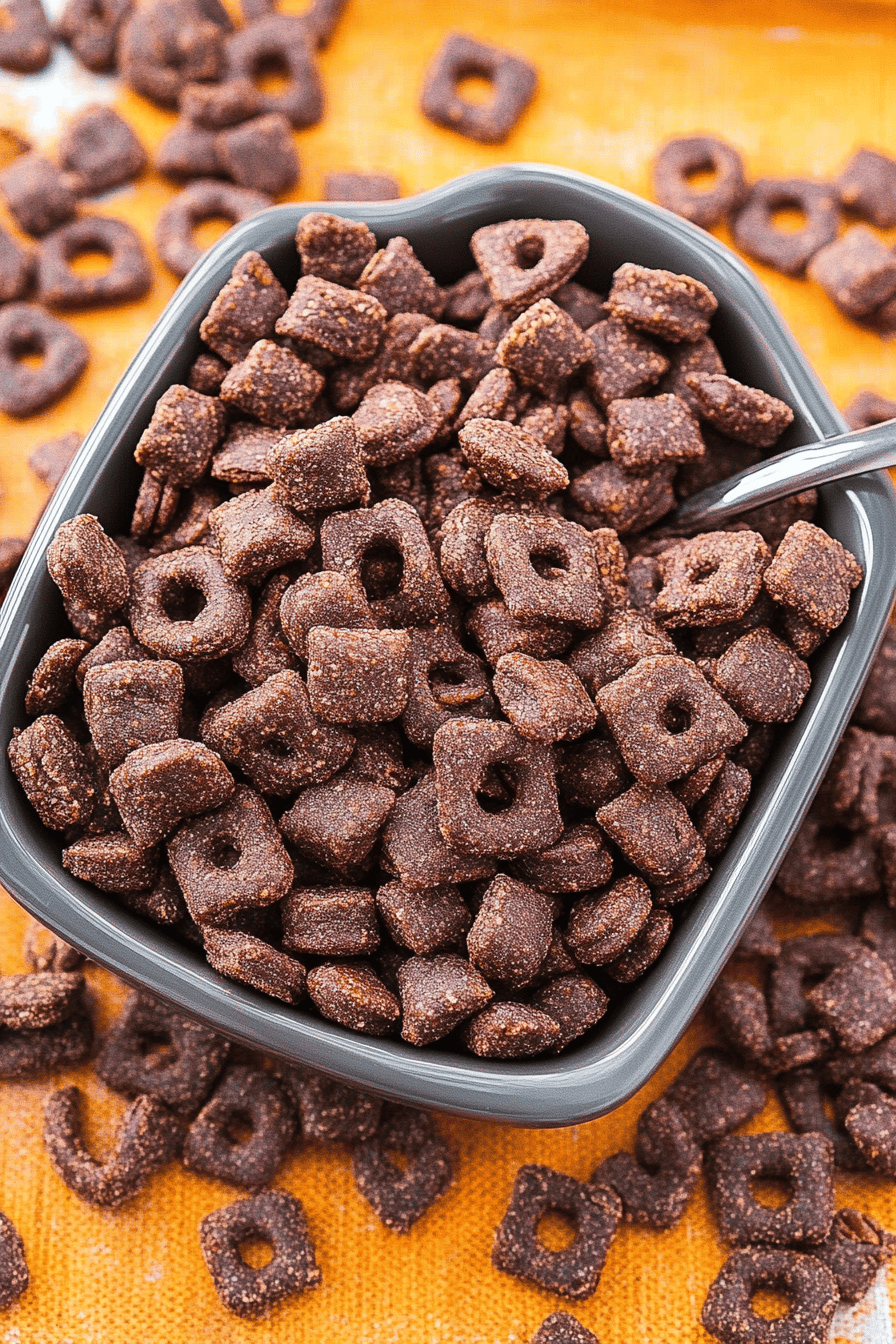 Brownie Batter Puppy Chow final dish beautifully presented and ready to serve