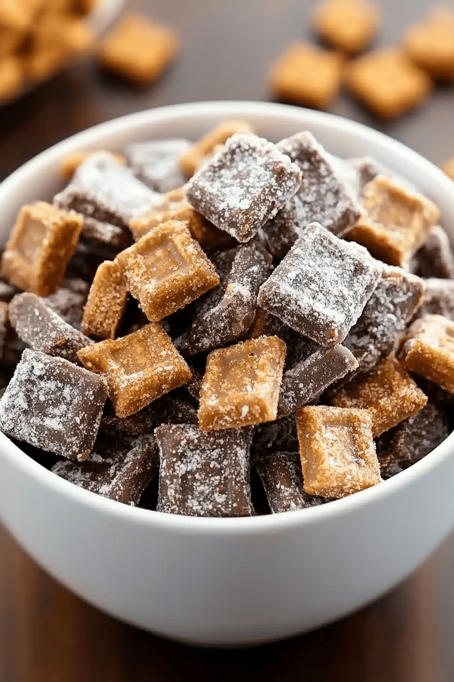 Butterfinger Puppy Chow final dish beautifully presented and ready to serve