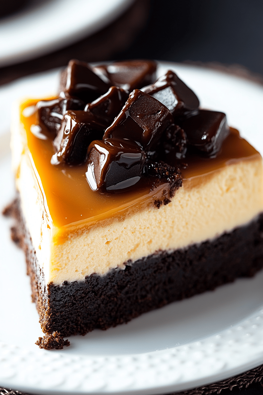Caramel Brownie Cheesecake slice on plate showing perfect texture and swirl pattern