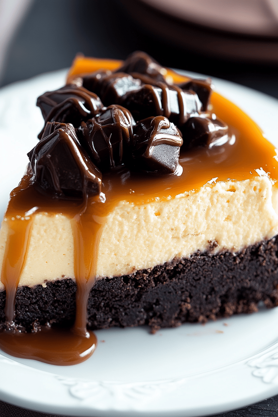 Caramel Brownie Cheesecake final dish beautifully presented and ready to serve