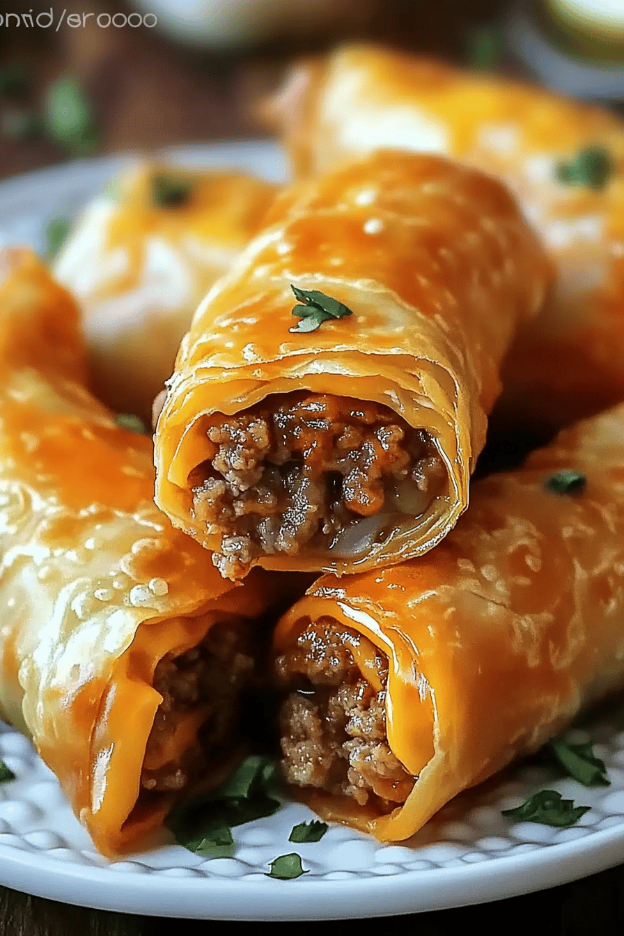 Cheeseburger Eggrolls slice on plate showing perfect texture and swirl pattern