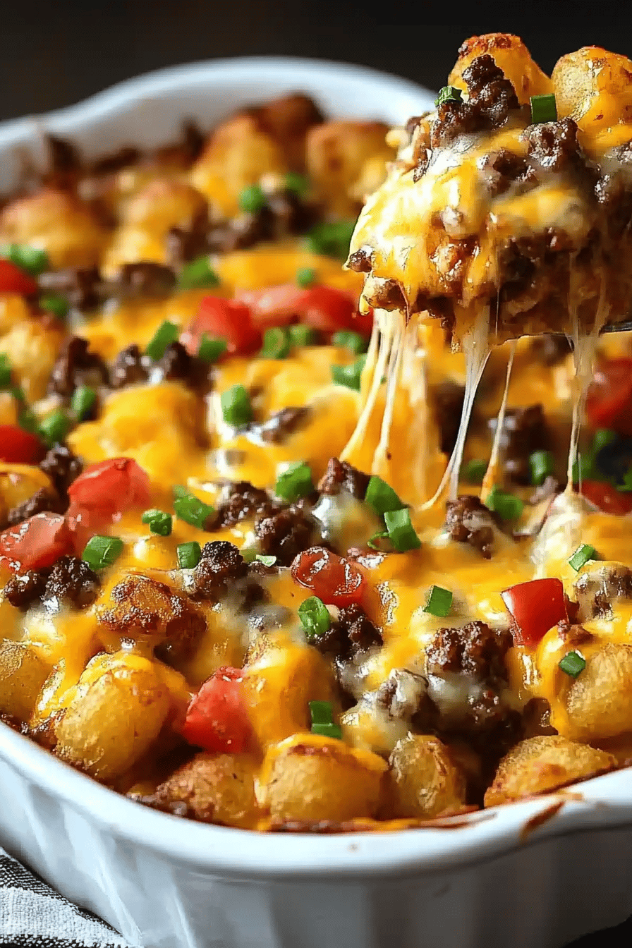 Cheeseburger Tater Tot Casserole slice on plate showing perfect texture and swirl pattern