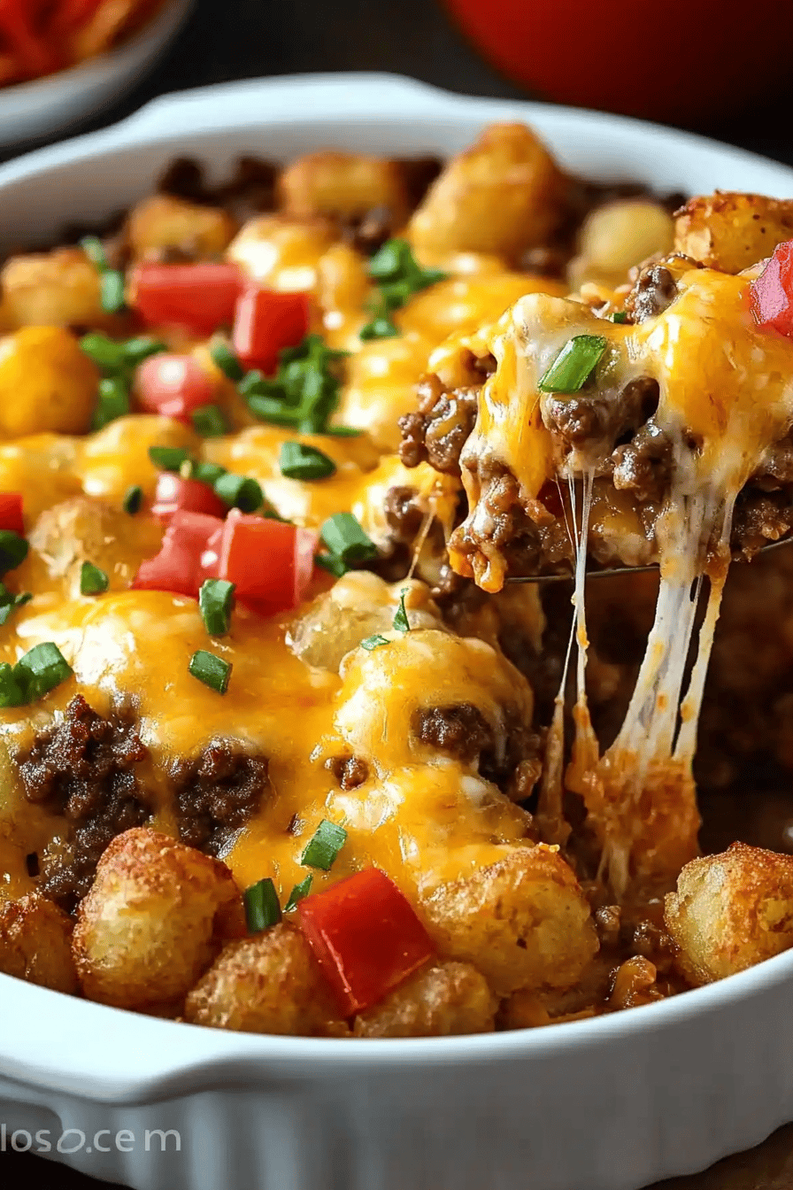 Cheeseburger Tater Tot Casserole final dish beautifully presented and ready to serve