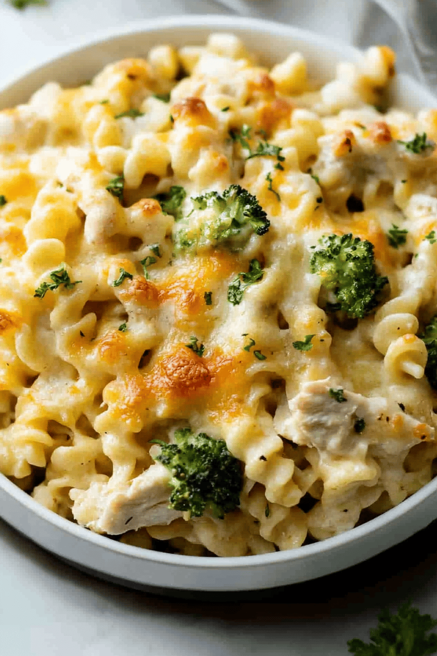 Cheesy Chicken Noodle Casserole slice on plate showing perfect texture and swirl pattern