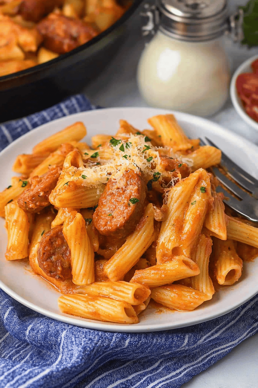 Cheesy Pasta Sausage Skillet ingredients organized and measured on kitchen counter