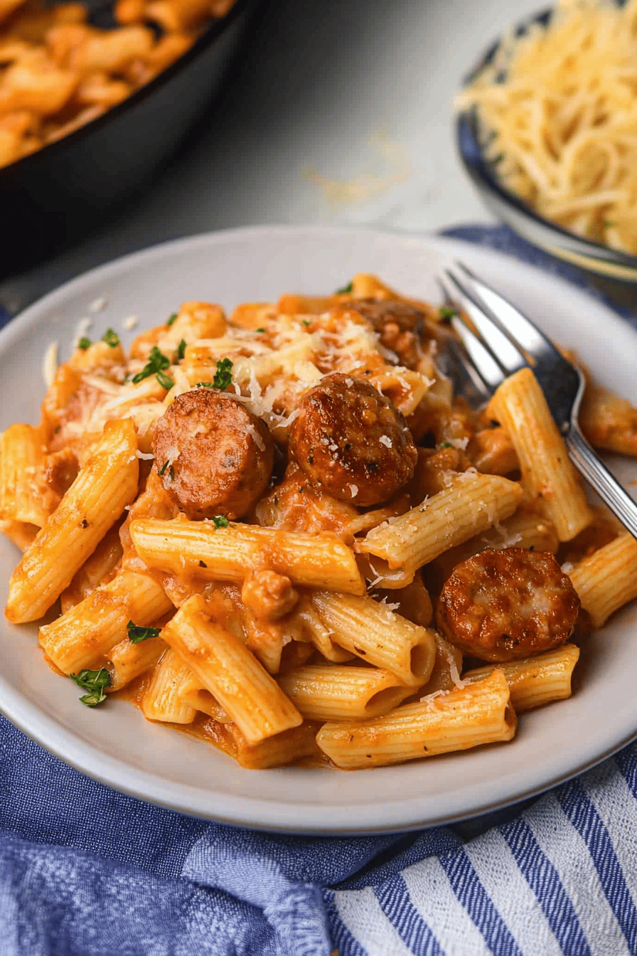 Cheesy Pasta Sausage Skillet final dish beautifully presented and ready to serve