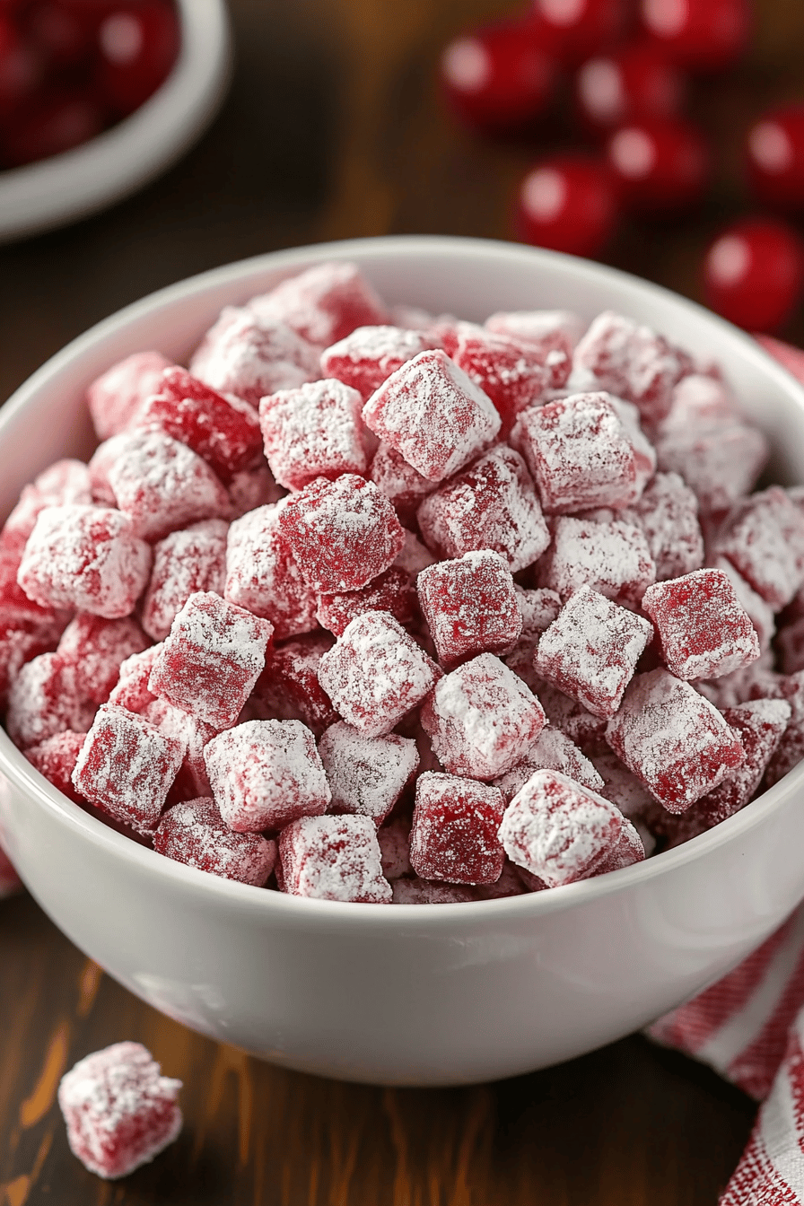 Cherry Cheesecake Puppy Chow final dish beautifully presented and ready to serve
