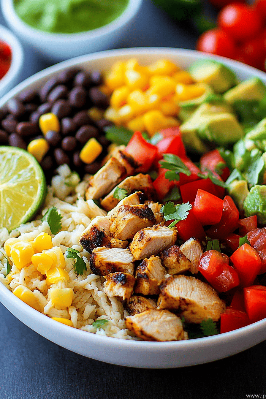 Chicken Burrito Bowls ingredients organized and measured on kitchen counter