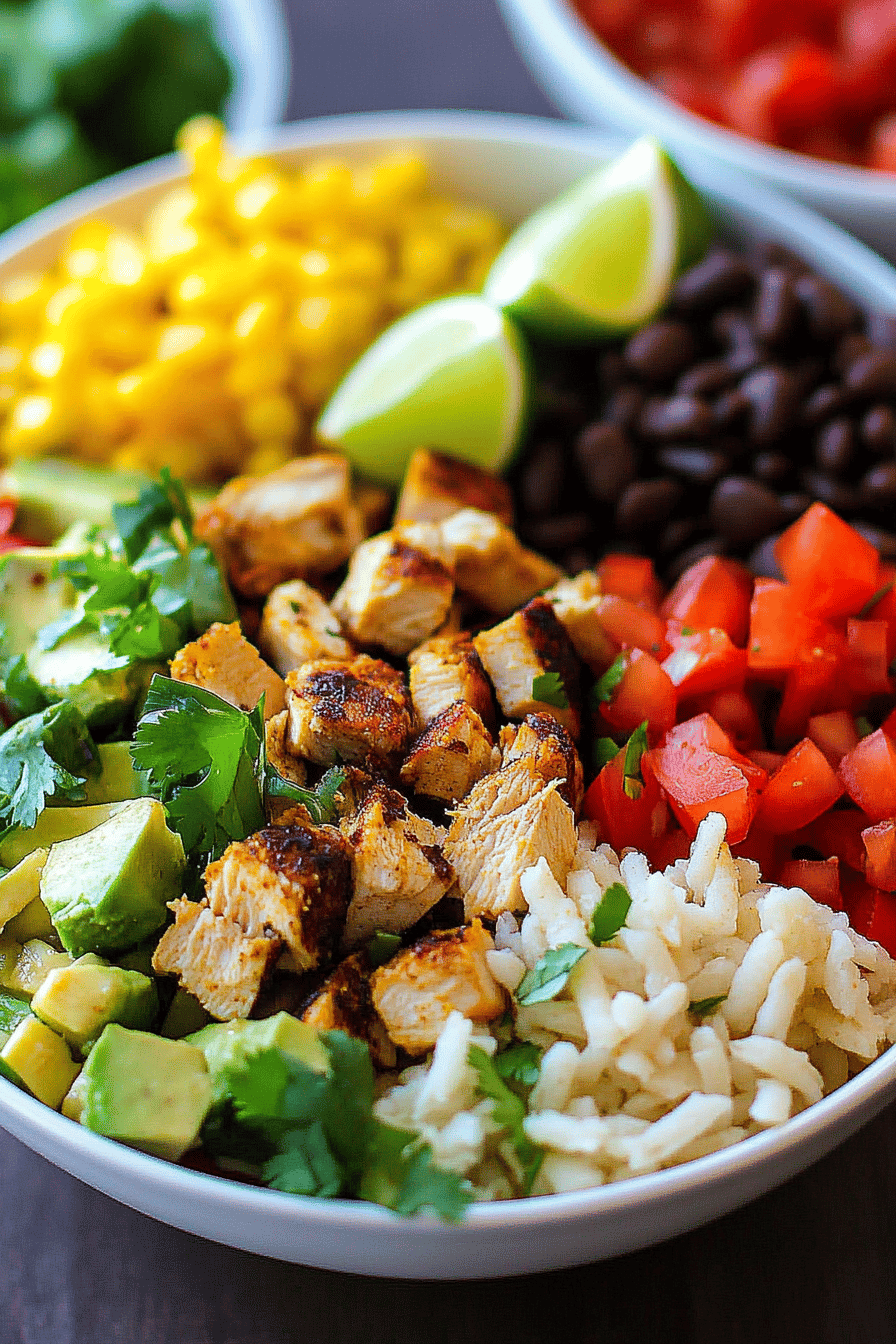 Chicken Burrito Bowls final dish beautifully presented and ready to serve