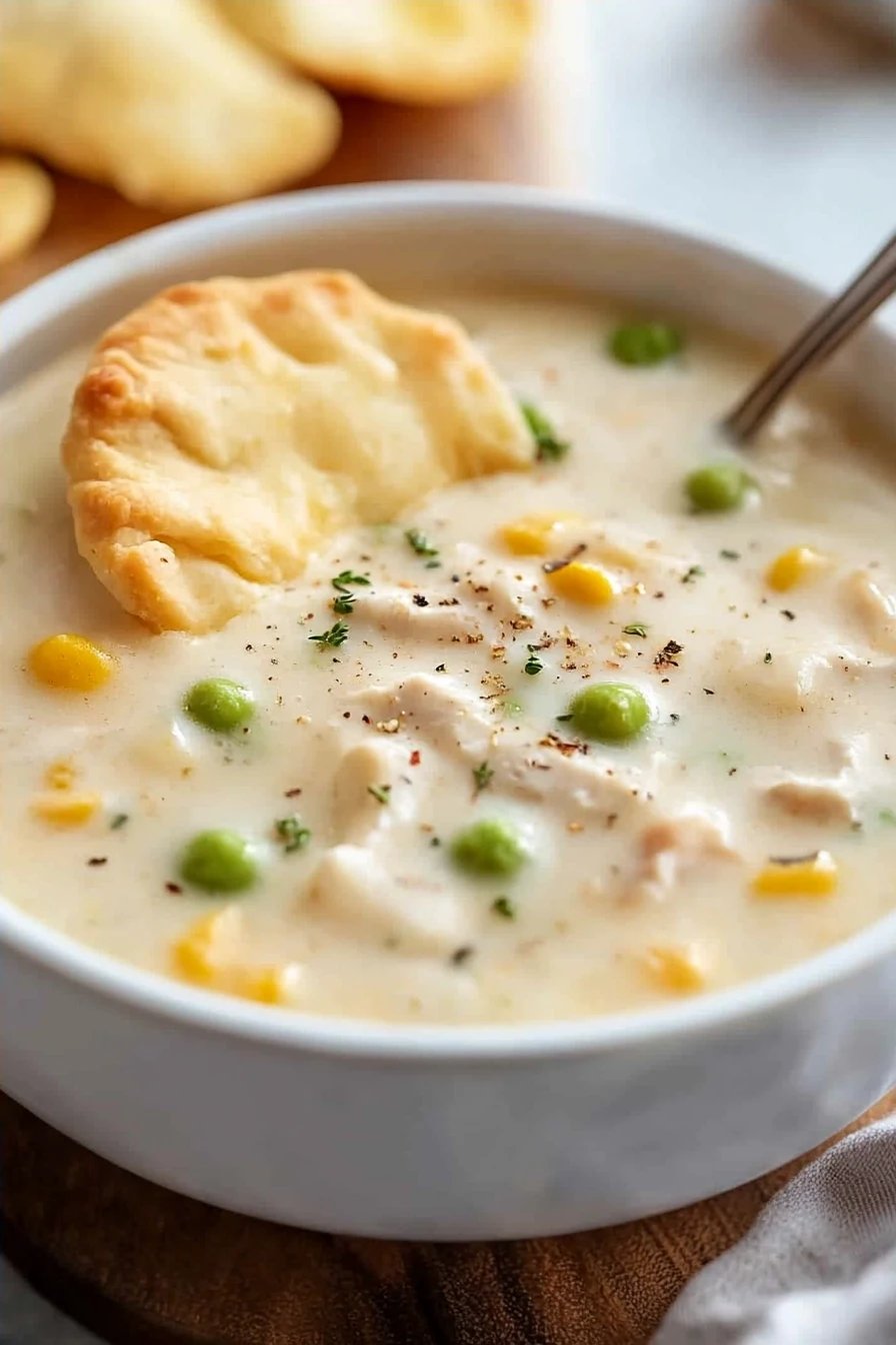 Chicken Pot Pie Soup slice on plate showing perfect texture and swirl pattern