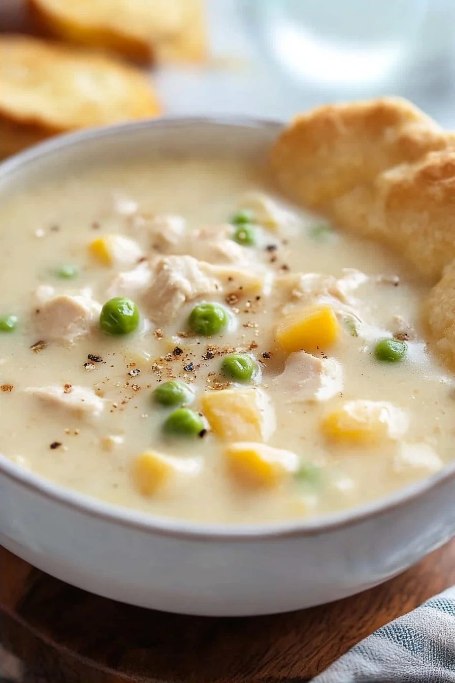 Chicken Pot Pie Soup final dish beautifully presented and ready to serve