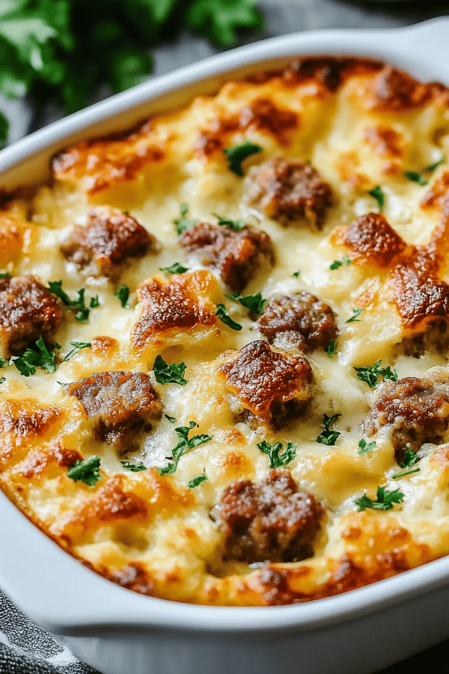 Christmas Breakfast Casserole final dish beautifully presented and ready to serve