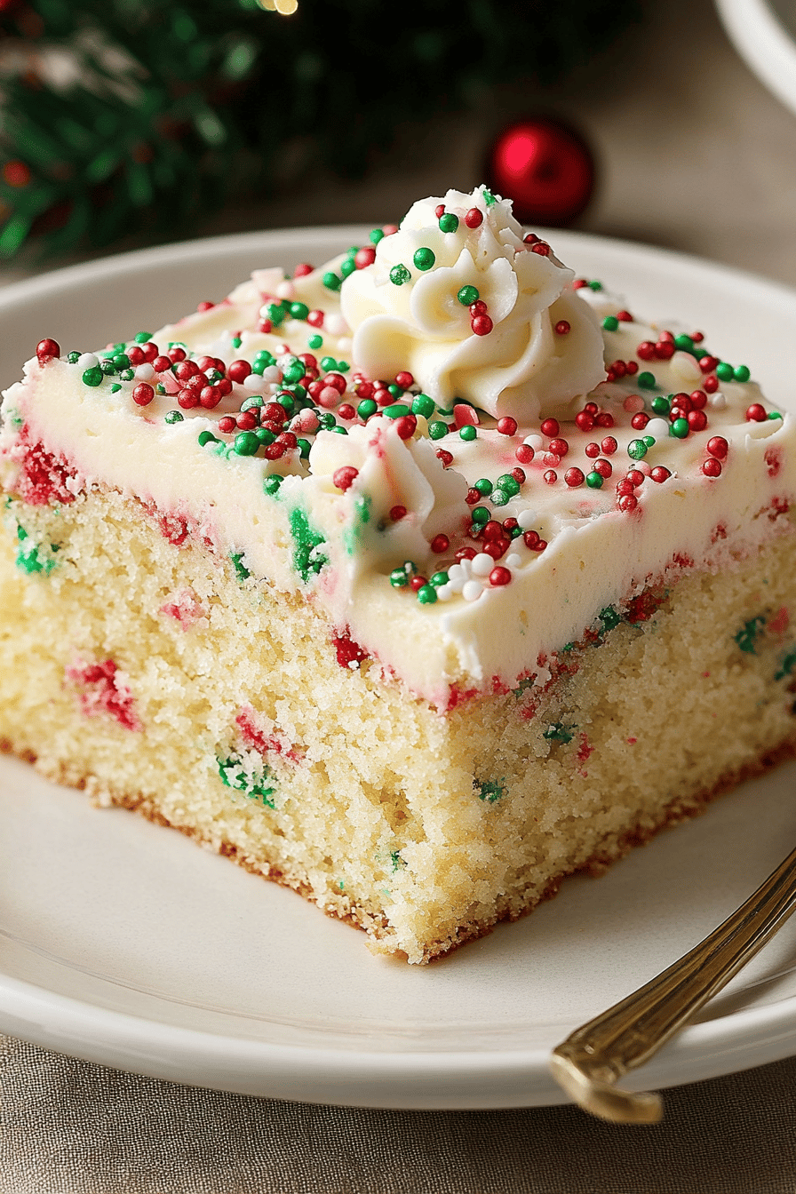 Christmas Funfetti Cake final dish beautifully presented and ready to serve
