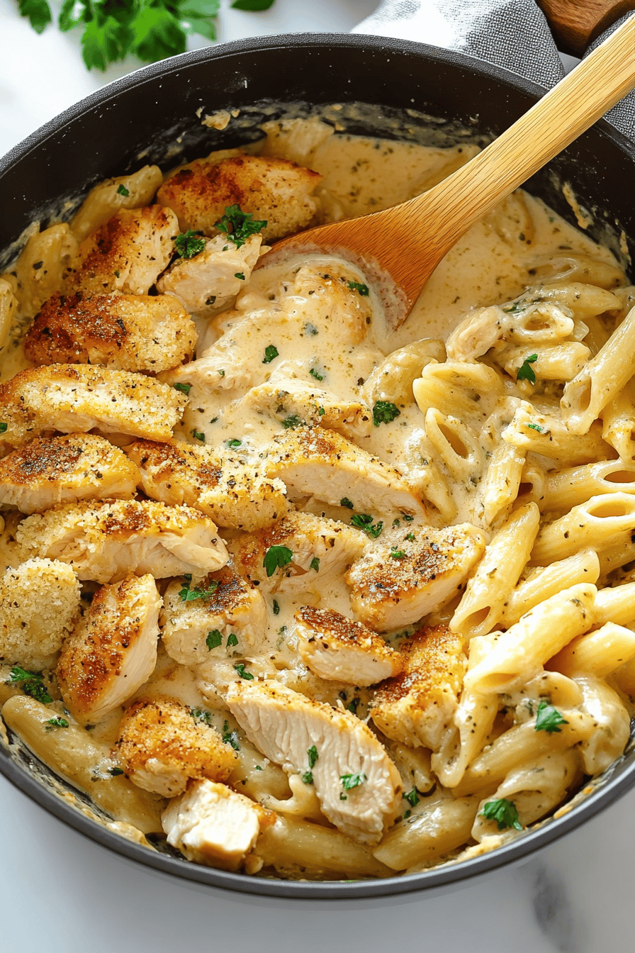 Creamiest Chicken Pasta ingredients organized and measured on kitchen counter