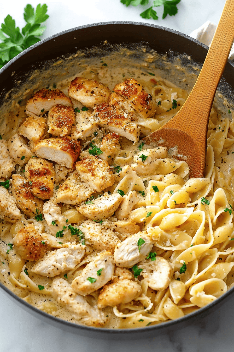 Creamiest Chicken Pasta final dish beautifully presented and ready to serve