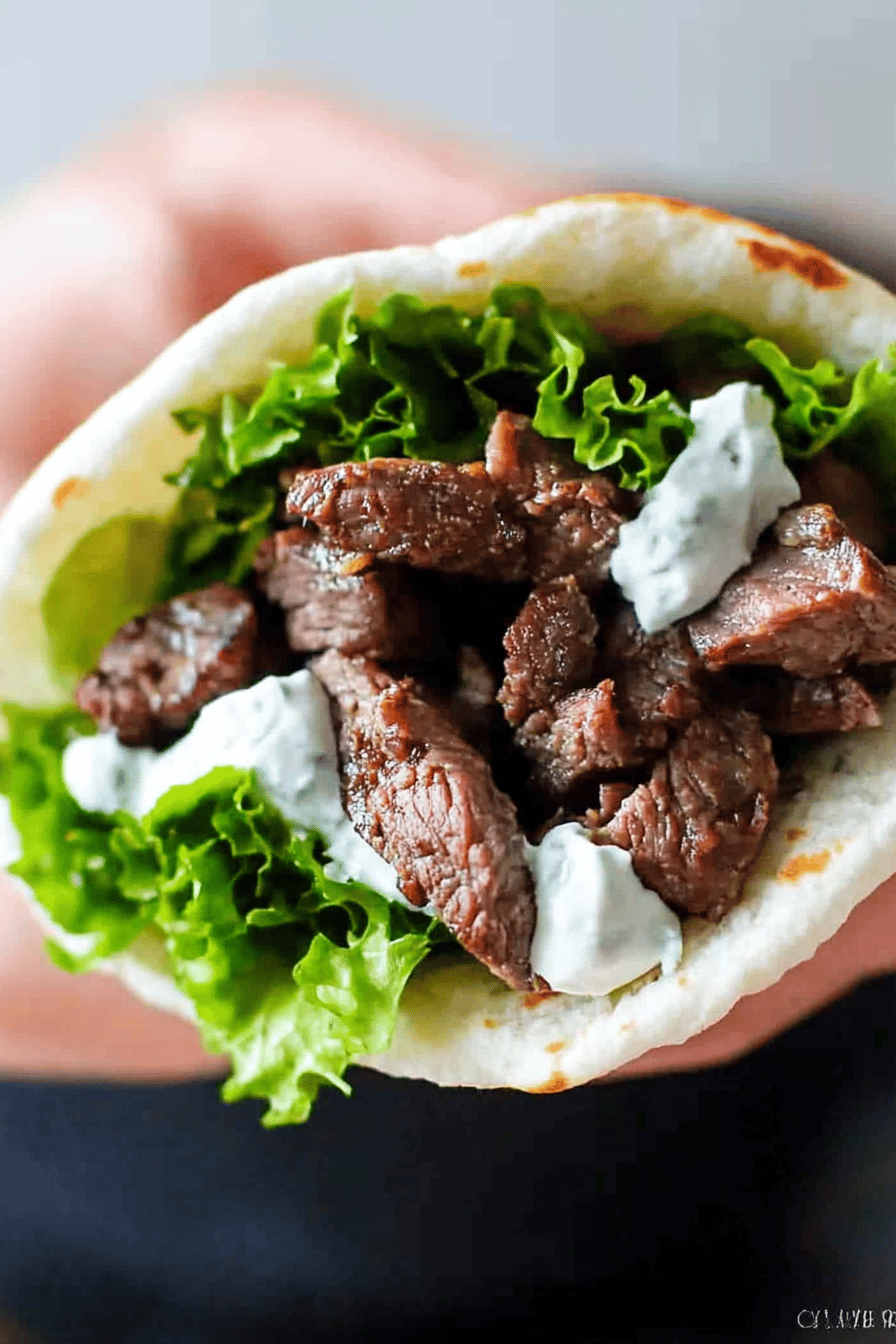 Crock Pot Beef Gyros slice on plate showing perfect texture and swirl pattern