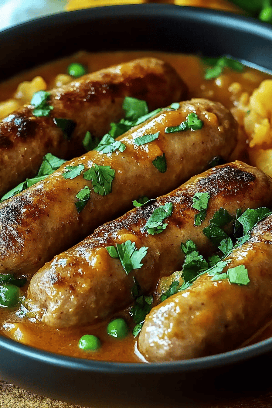 Curried Sausages Recipe ingredients organized and measured on kitchen counter
