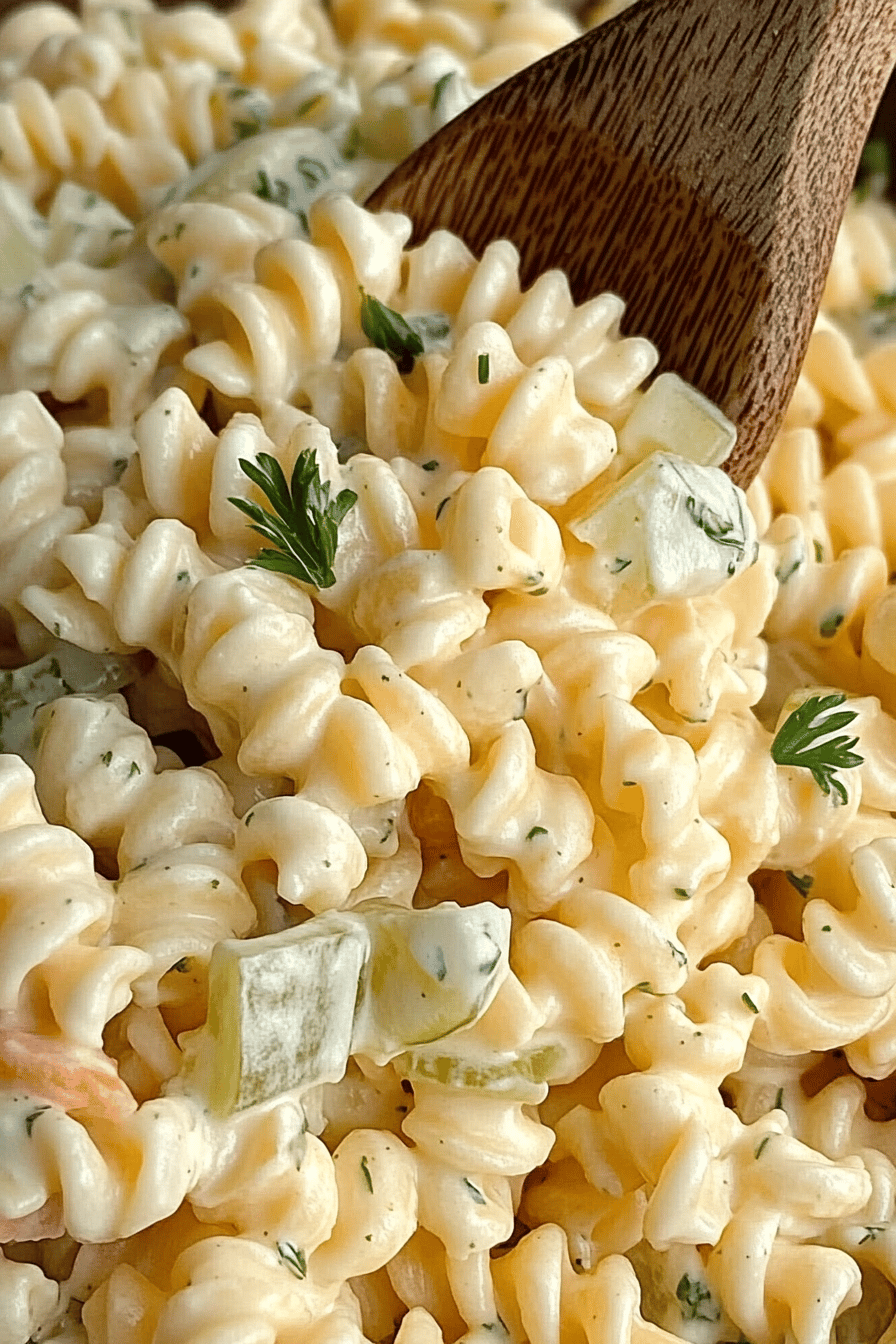 Dill Pickle Pasta Salad slice on plate showing perfect texture and swirl pattern