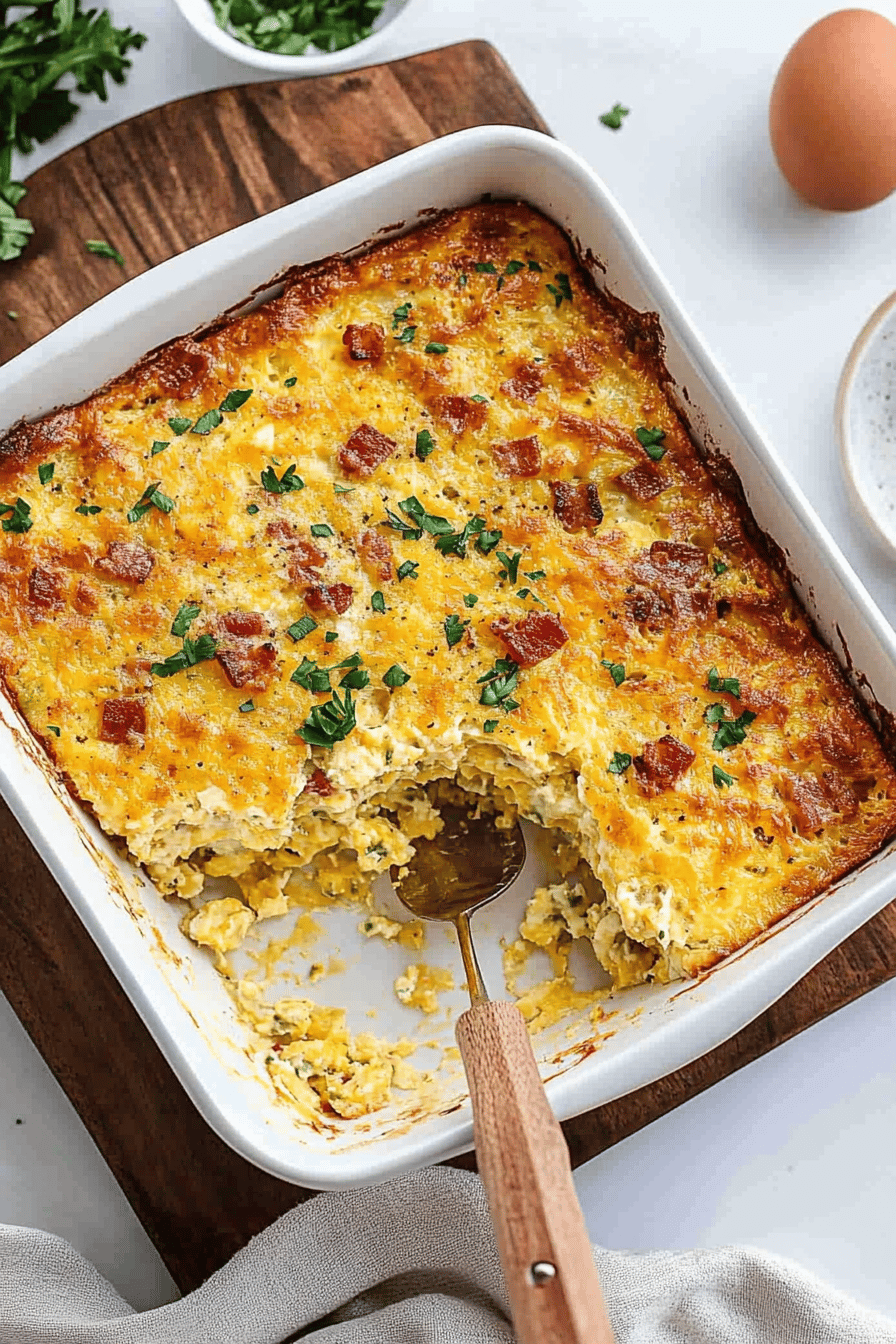 Egg Bacon Breakfast Casserole final dish beautifully presented and ready to serve