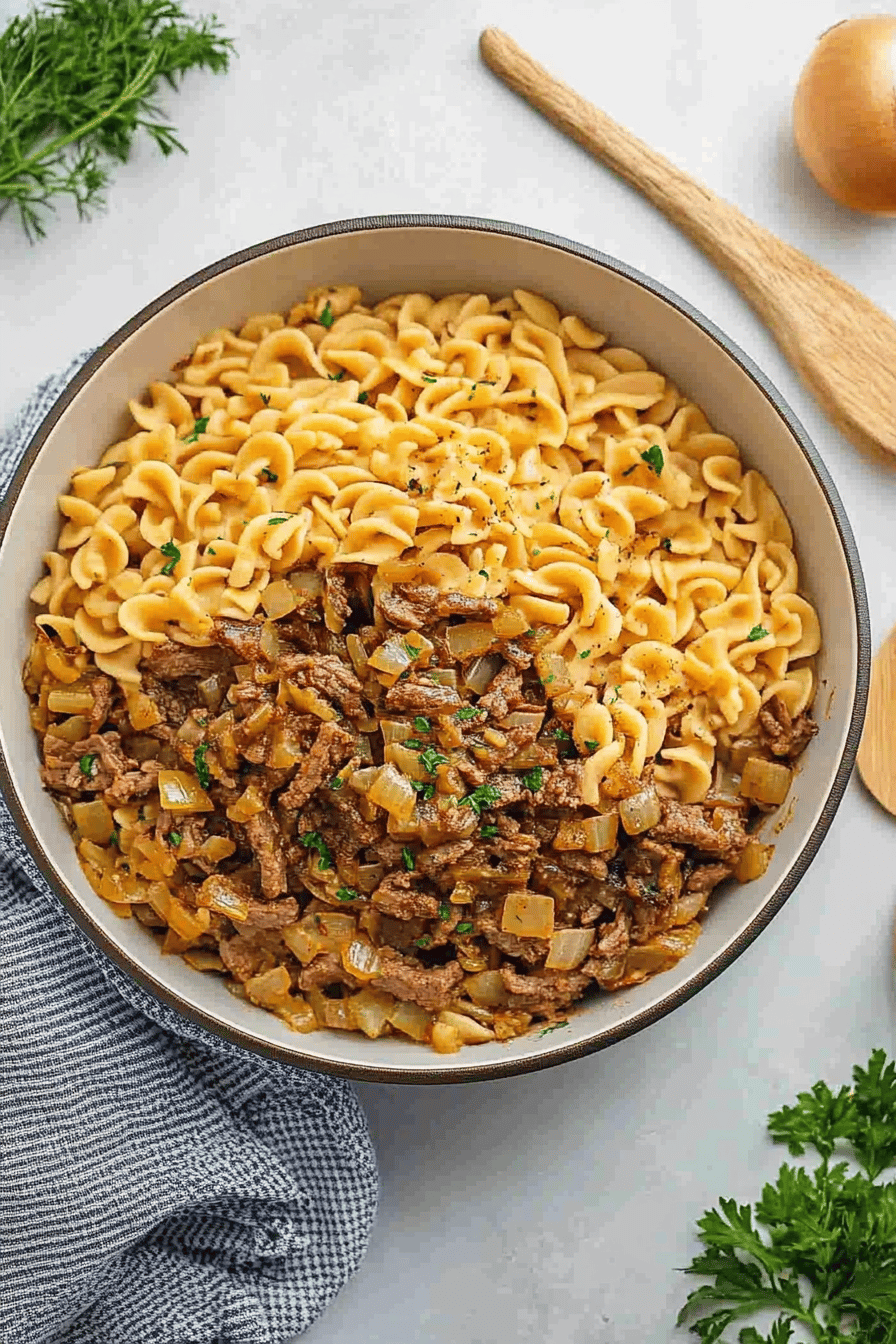 French Onion Beef and Noodles ingredients organized and measured on kitchen counter