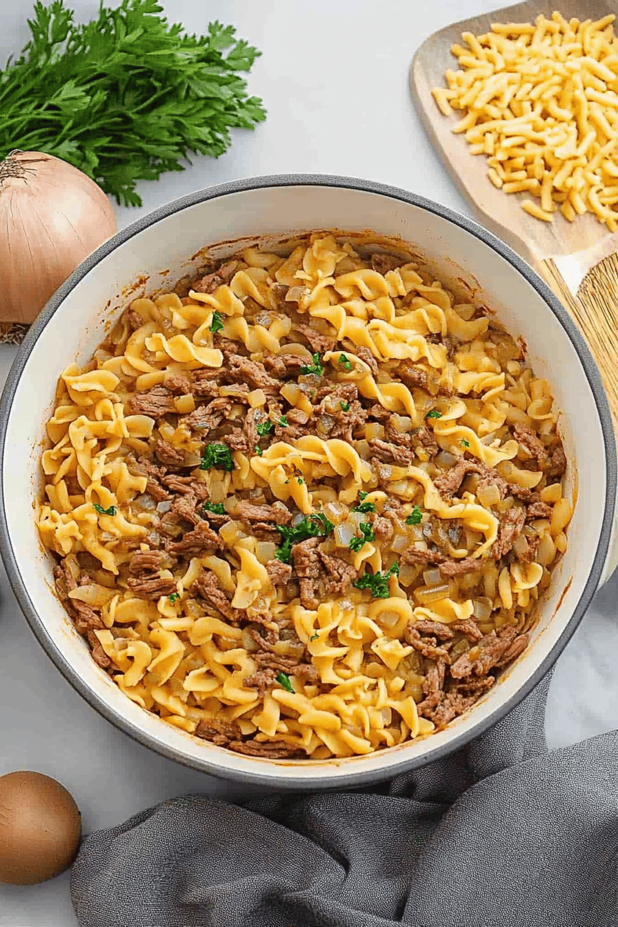 French Onion Beef and Noodles slice on plate showing perfect texture and swirl pattern