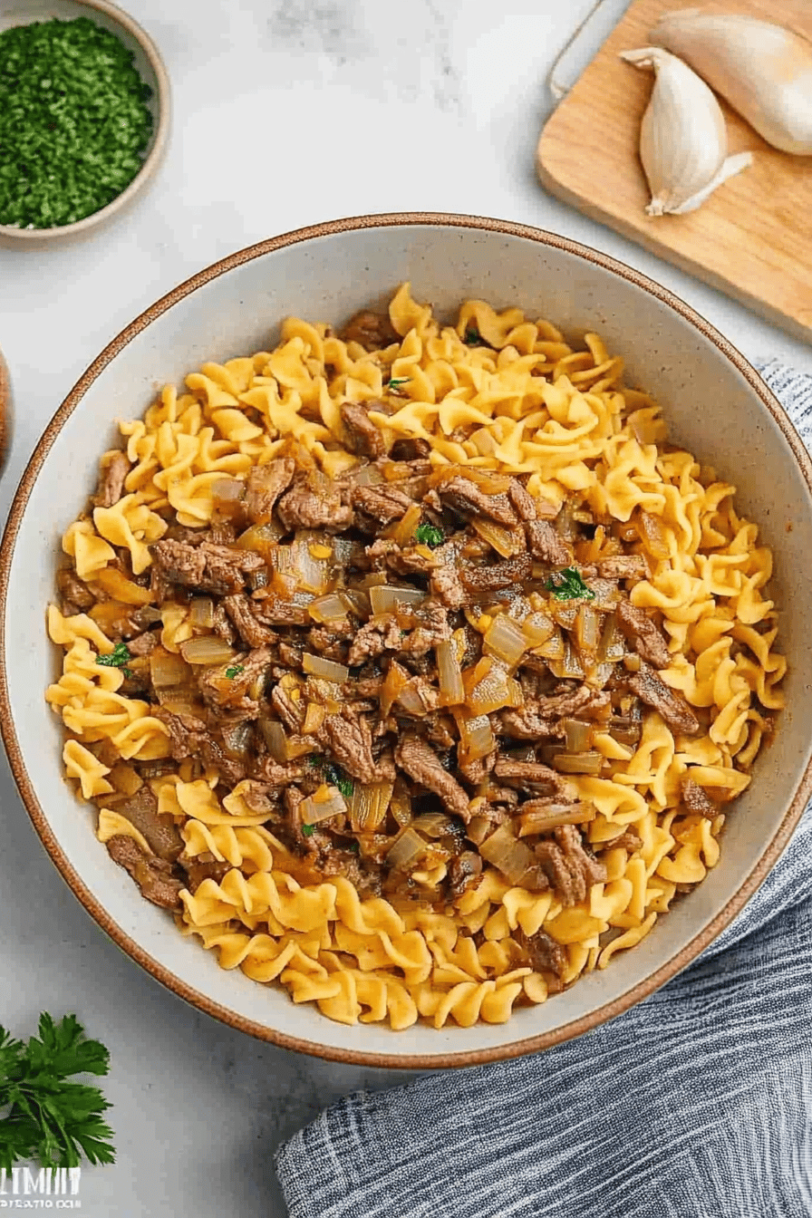French Onion Beef and Noodles final dish beautifully presented and ready to serve