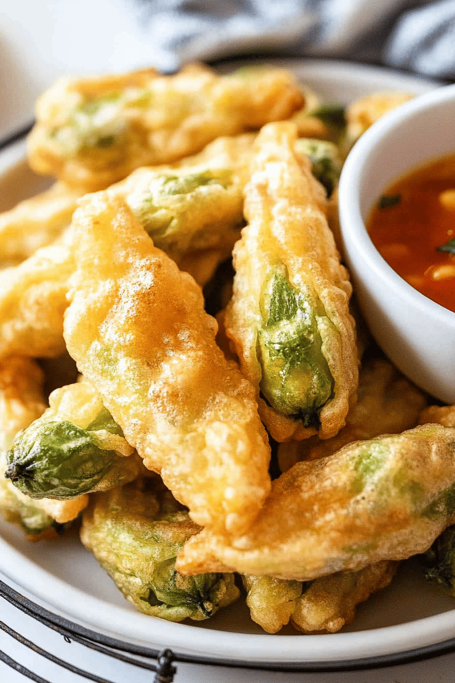 Fried Squash Blossoms final dish beautifully presented and ready to serve