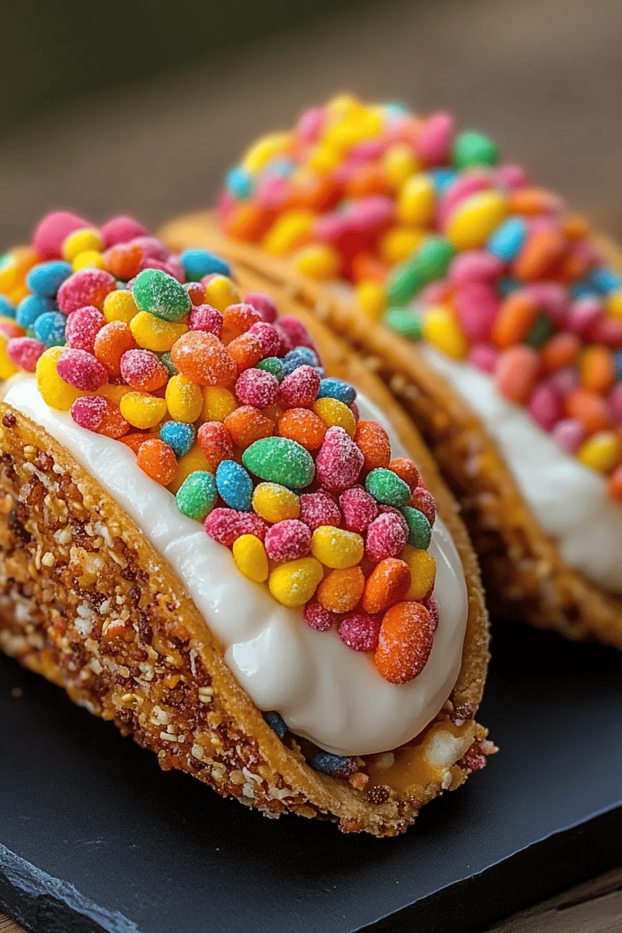 Fruity Pebbles Cheesecake Tacos final dish beautifully presented and ready to serve