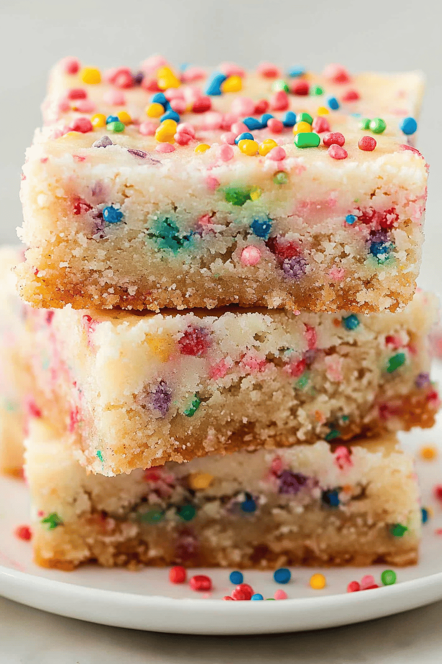 Funfetti Cookie Bars slice on plate showing perfect texture and swirl pattern