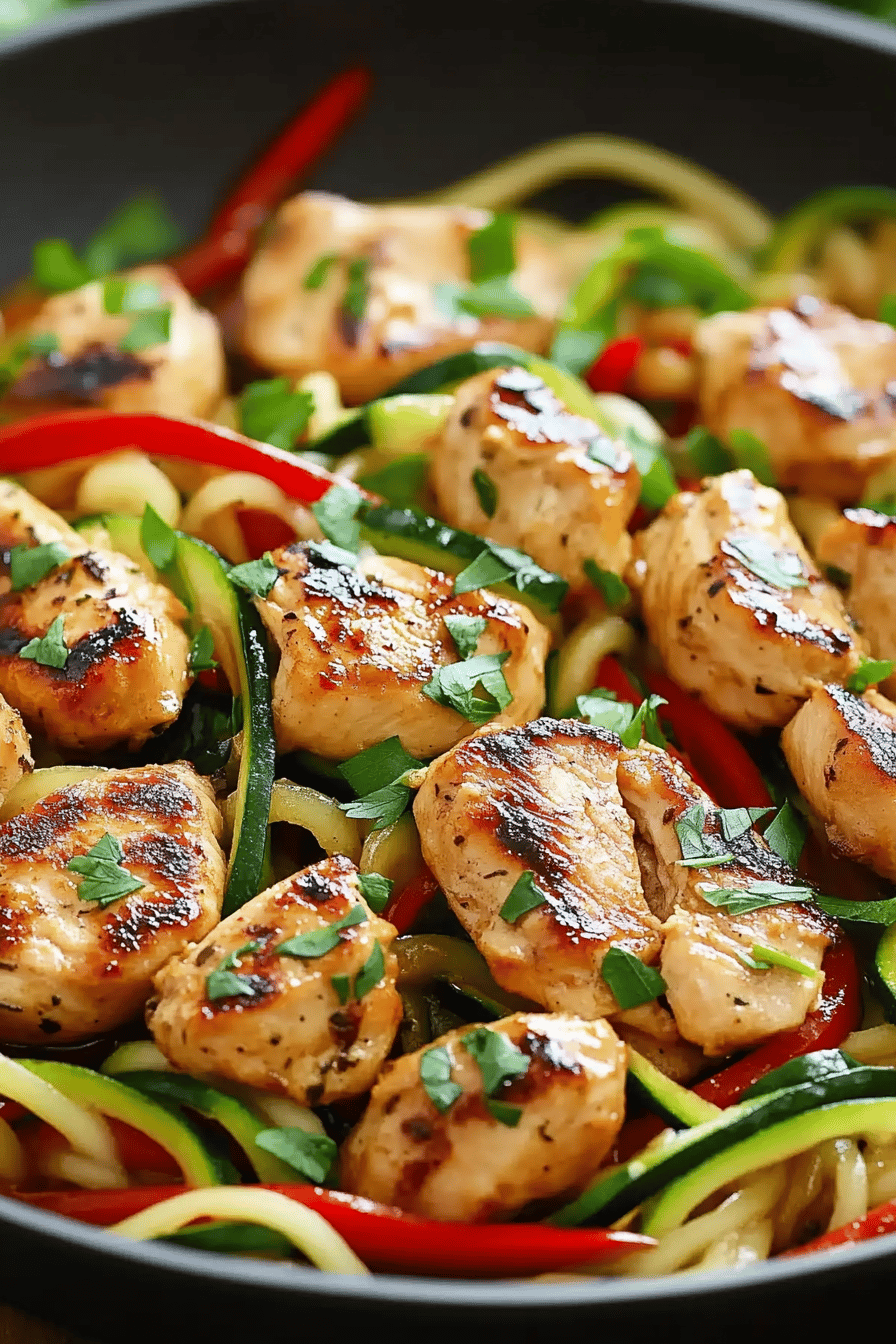 Garlic Chicken Zucchini Noodles Stir-Fry ingredients organized and measured on kitchen counter