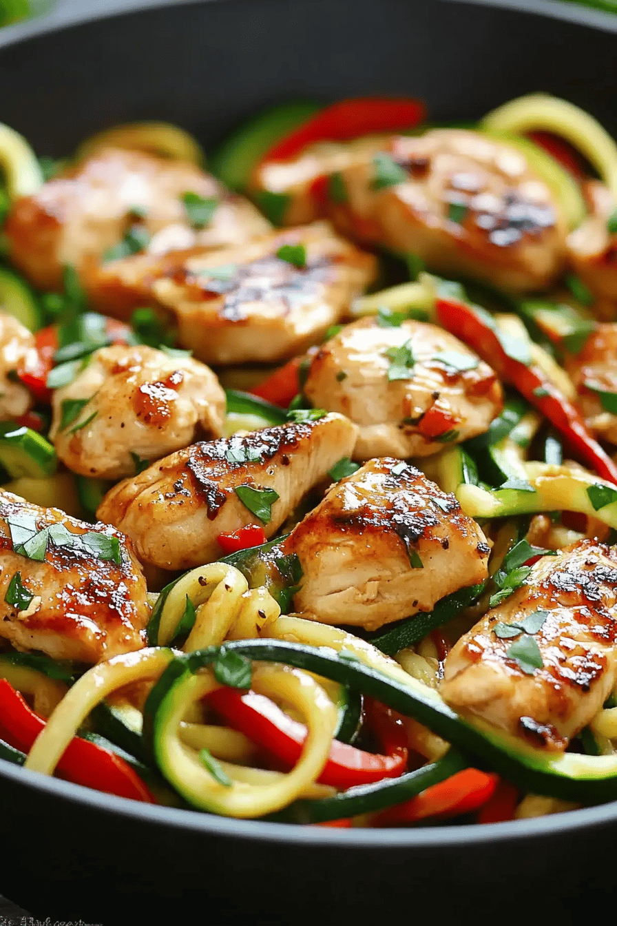 Garlic Chicken Zucchini Noodles Stir-Fry slice on plate showing perfect texture and swirl pattern