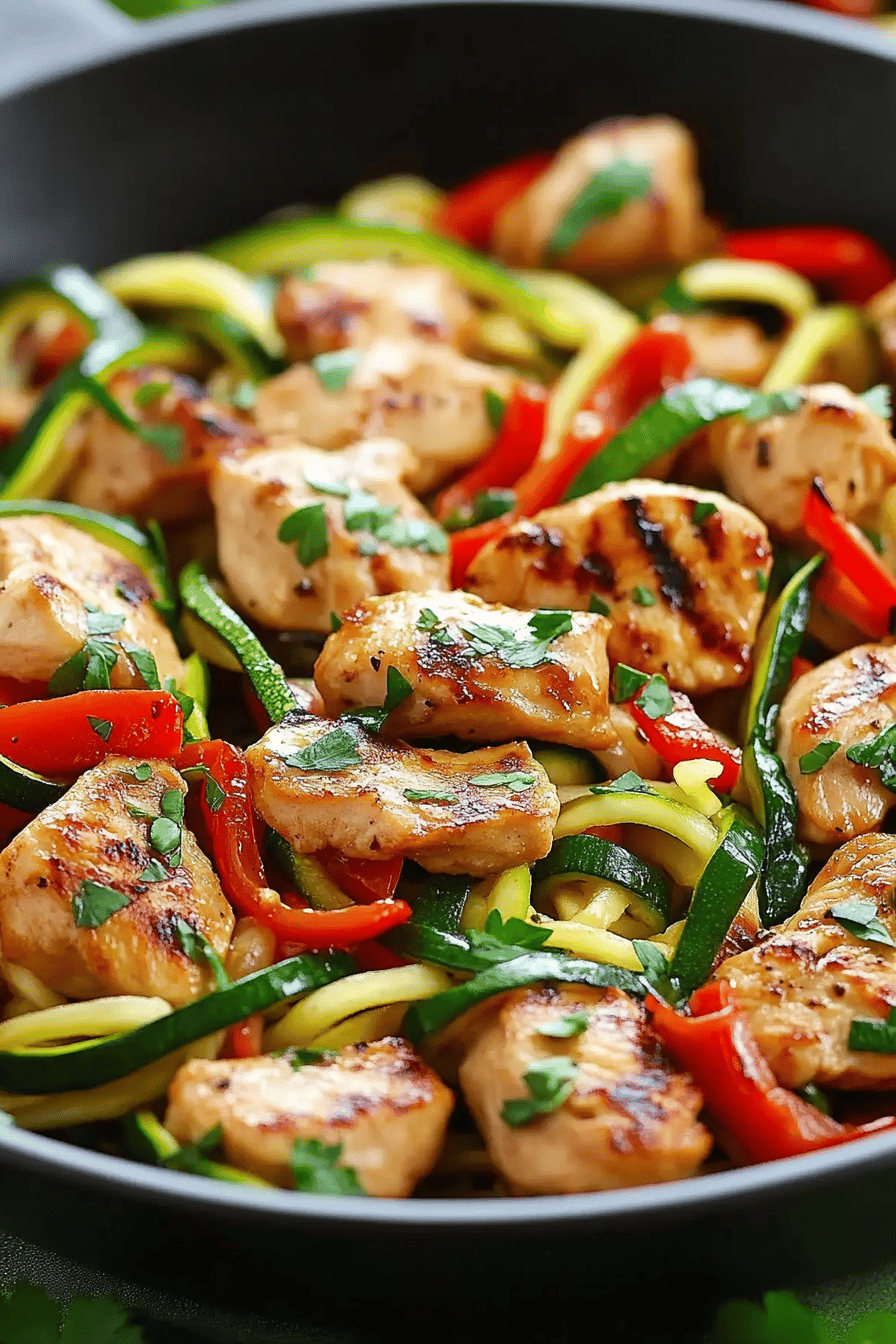 Garlic Chicken Zucchini Noodles Stir-Fry final dish beautifully presented and ready to serve