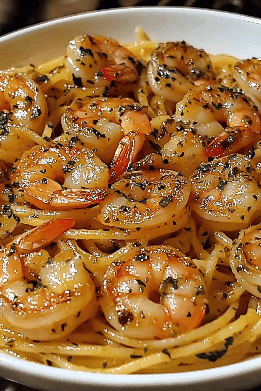 Garlic Shrimp Pasta final dish beautifully presented and ready to serve