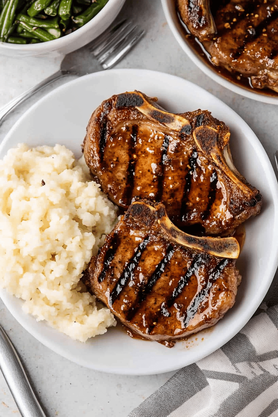 Grilled Brown Sugar Pork Chops slice on plate showing perfect texture and swirl pattern