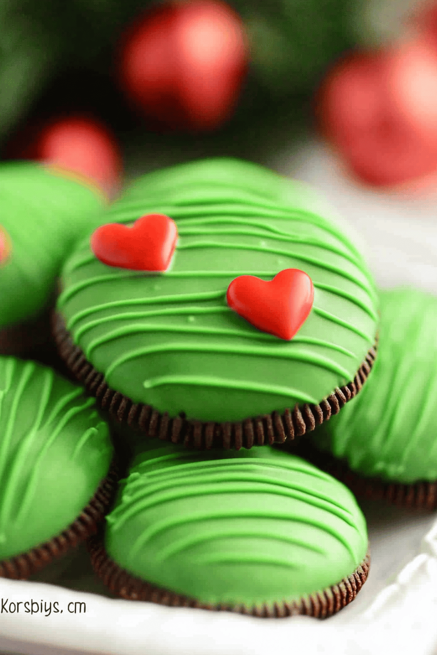 Grinch Chocolate Covered Oreos final dish beautifully presented and ready to serve