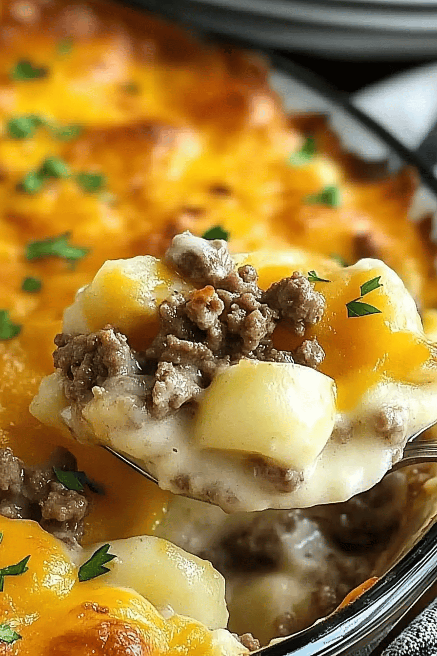 Ground Beef Casserole slice on plate showing perfect texture and swirl pattern