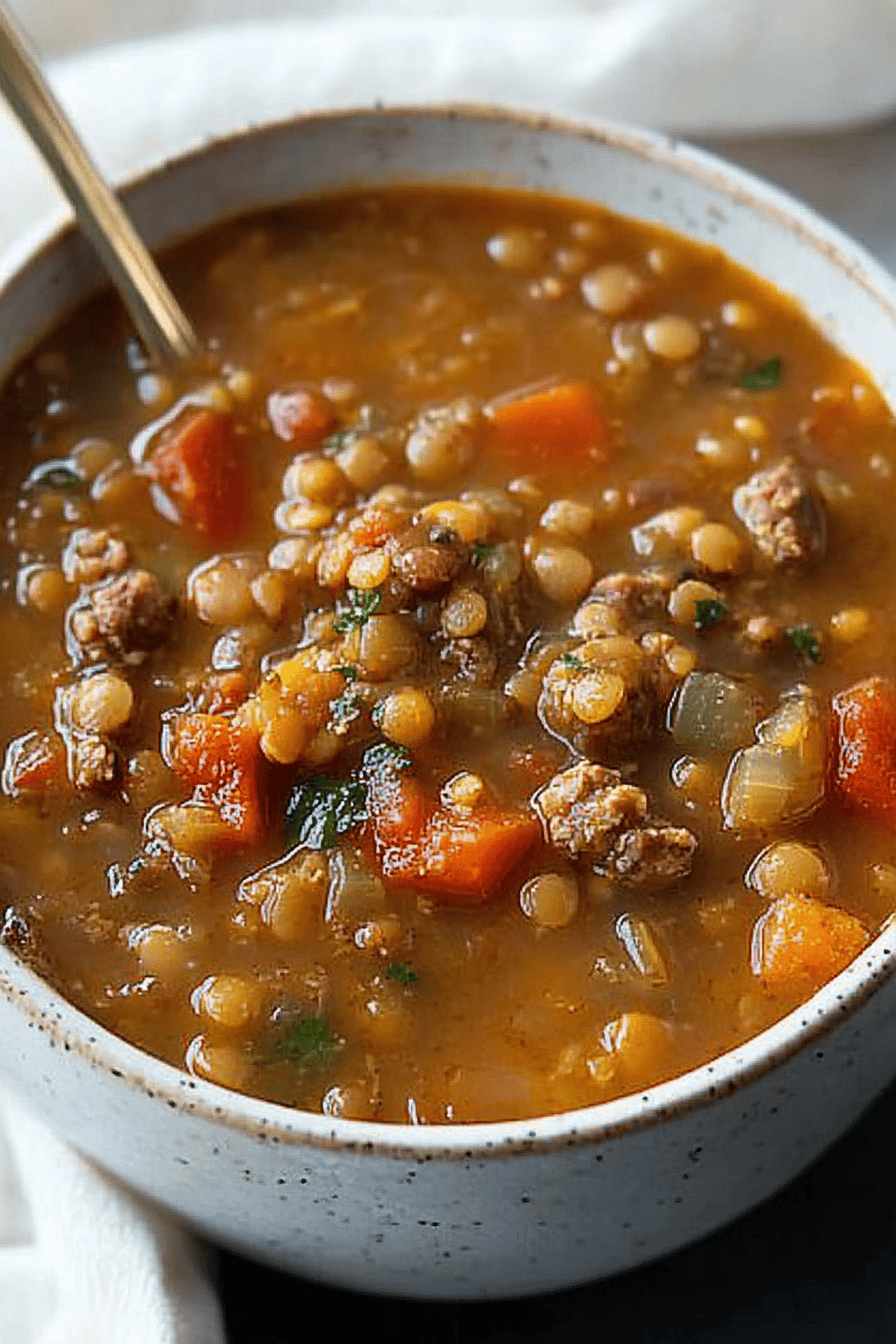 Lentil Sausage Soup ingredients organized and measured on kitchen counter