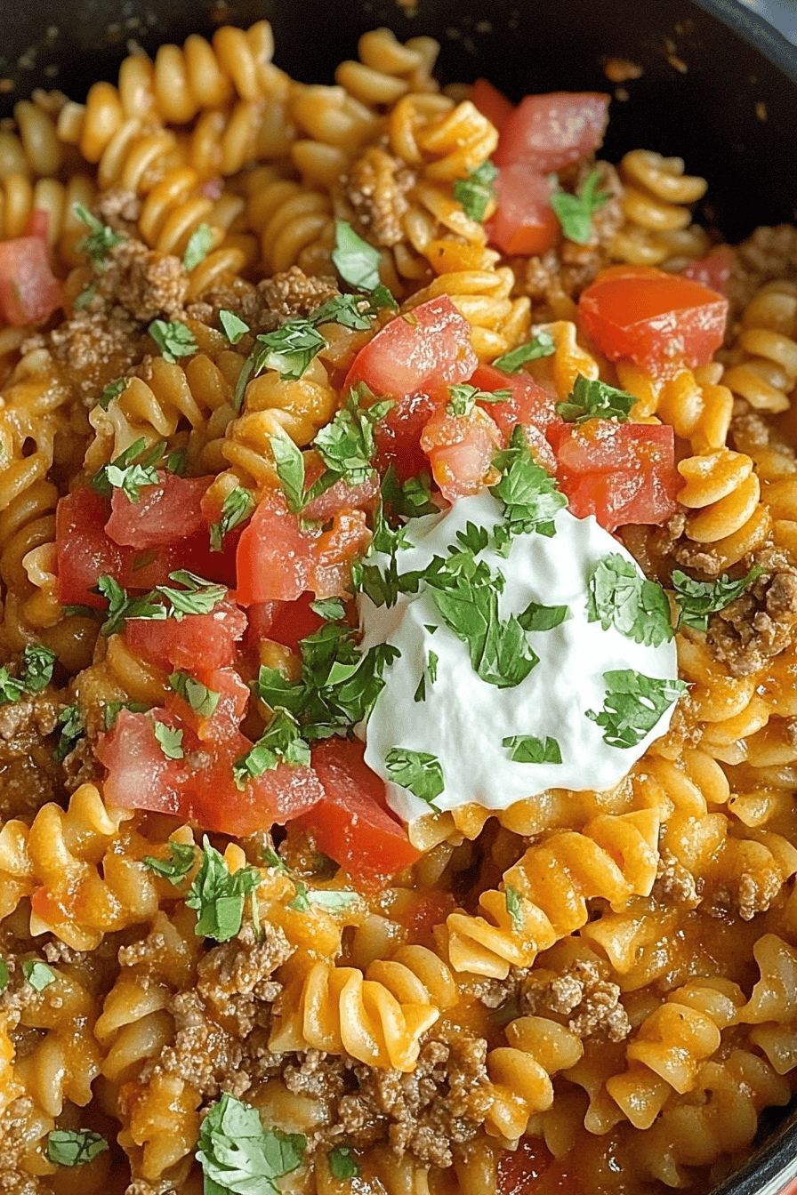 One-Pot Taco Pasta final dish beautifully presented and ready to serve