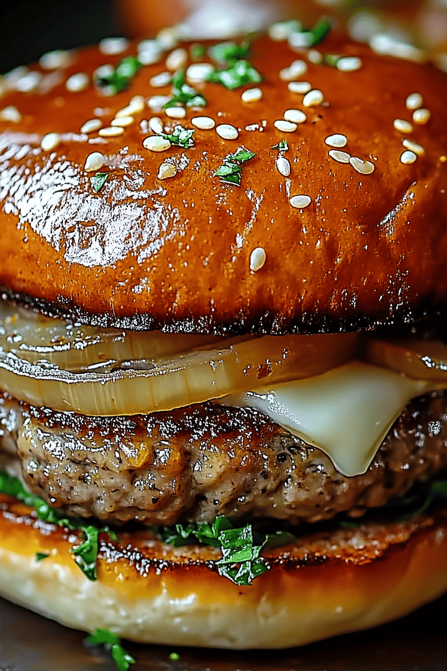 Onion Soup Burgers final dish beautifully presented and ready to serve